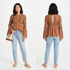 Y2K Vintage Inspired Blouse L Brown Long Bell Sleeve Fairy Grunge Cottagecore